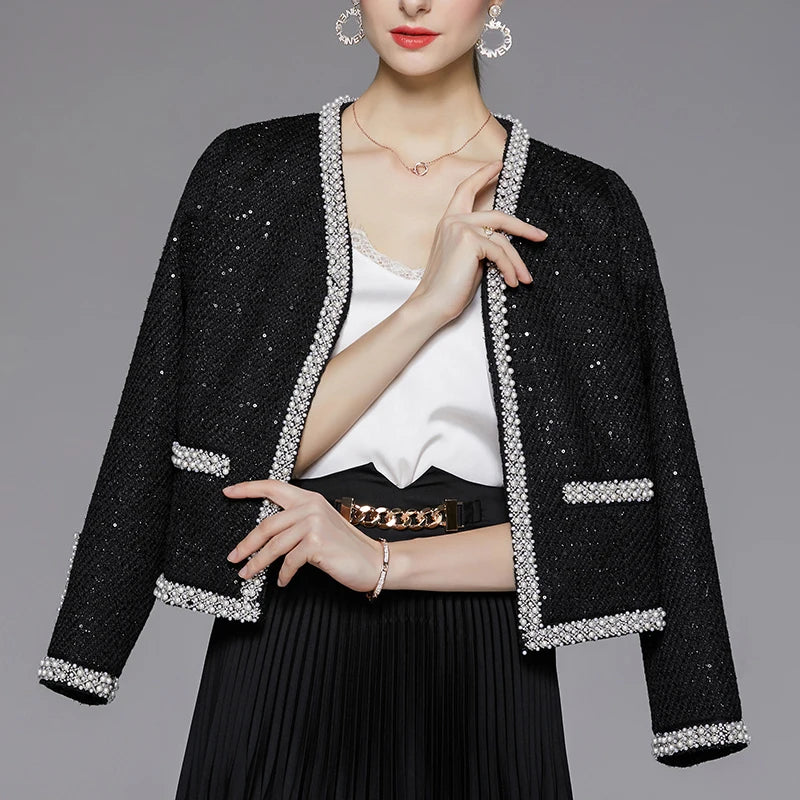 Elegant Black Tweed Cropped Jacket with Vintage Design and Luxurious Embellishments for Women