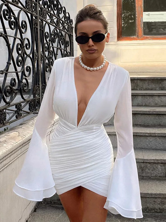 White Ruched Bodycon Mini Dress - Elegant & Sexy for Club Party - V Neck, Long Sleeve - Women's Fashion Vestidos