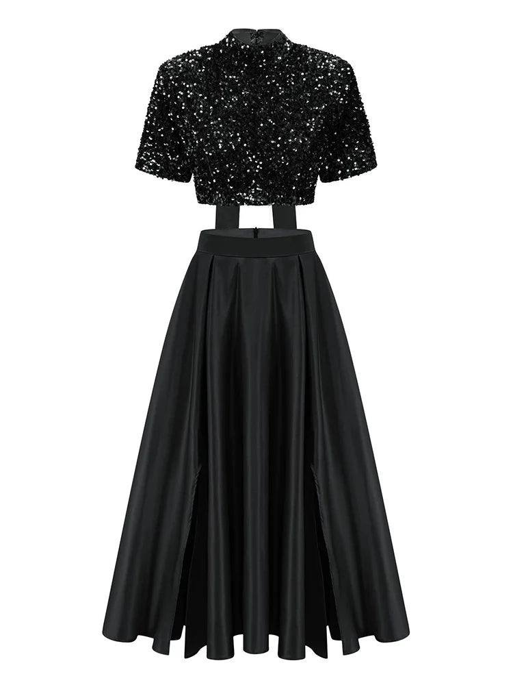 Elegant Two Piece Sets For Women Short Sleeve Bowknot Spliced Sequins Tops High Waist Midi Skirt