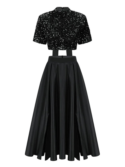 Elegant Two Piece Sets For Women Short Sleeve Bowknot Spliced Sequins Tops High Waist Midi Skirt