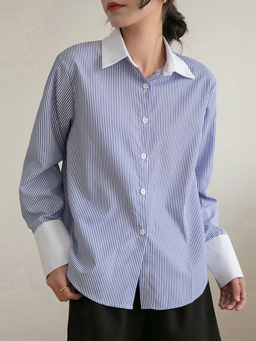 Women Shirts Blue White Striped Long Sleeve Single Breasted Turn-down Collar Blouses Fashion