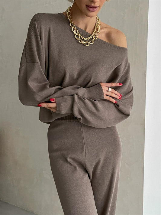 One Shoulder Sexy Knit Two Piece Set Casual 2 Piece Tracksuit Women Knitted Pants Suit Pants and Top Set Matching Sets For Women