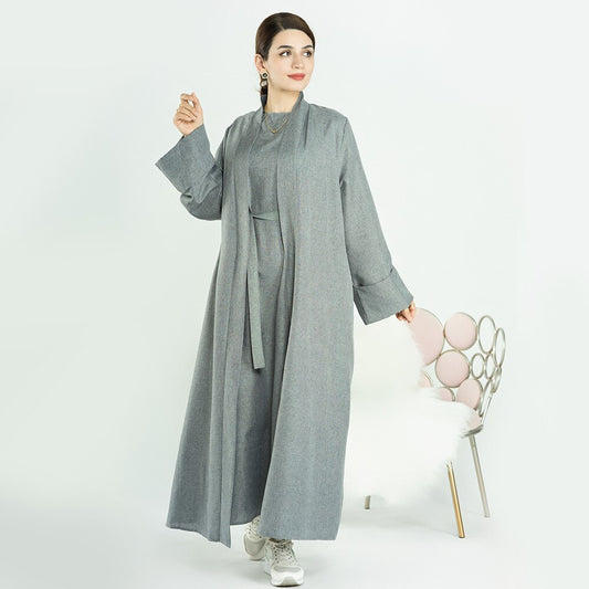 Elegant and Versatile: Two-Piece Djellaba Abaya Set with Belt for Muslim Women in Dubai