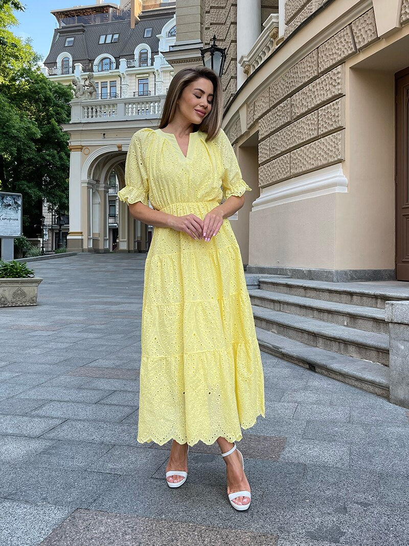 V Neck Elegant Beach Long Dresses Women Short Sleeve Hollow Floral Evening Dresses Ruffle Sexy Maxi Dress For Women Summer 2023