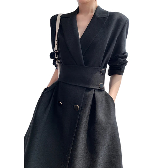 Women's Spring Autumn Casual Fashion Korean Midi Black Dress Long Sleeve Elegant A-Line Party Vestidos Female Outwear Clothes