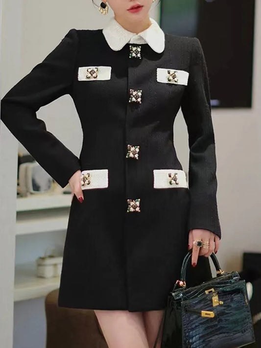 Jewel Button Contrasting Lapel Dresses For Women Long Sleeve Single Breasted High Waist Elegant Dress Female New 3WQ9503