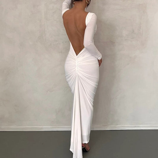 Sexy Backless Ruched Maxi Dress Women Elegant Holiday Long Sleeve Gown Dresses Party Club Autumn Winter Clothes