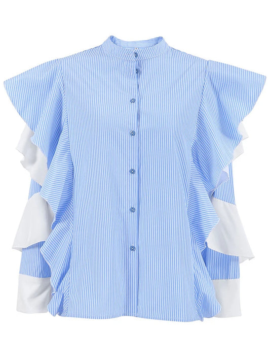 Elegant Blue Striped Blouses for Women with Ruffle Sleeves and Patchwork Detailing