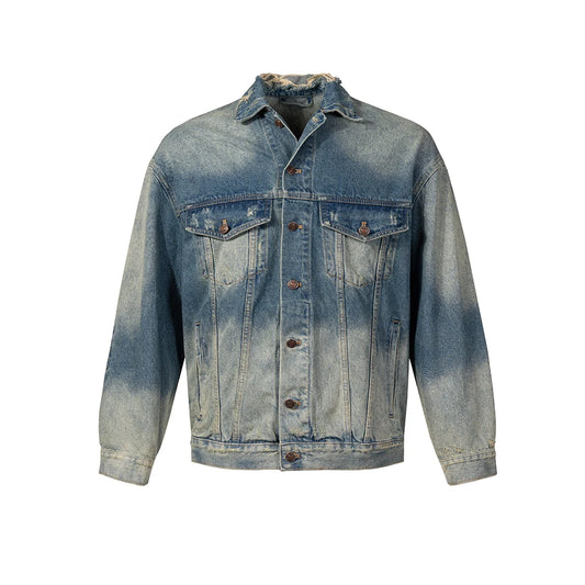 Men's Y2k Denim Jacket with Gradient Color Lightning and Distressed Ripped Holes
