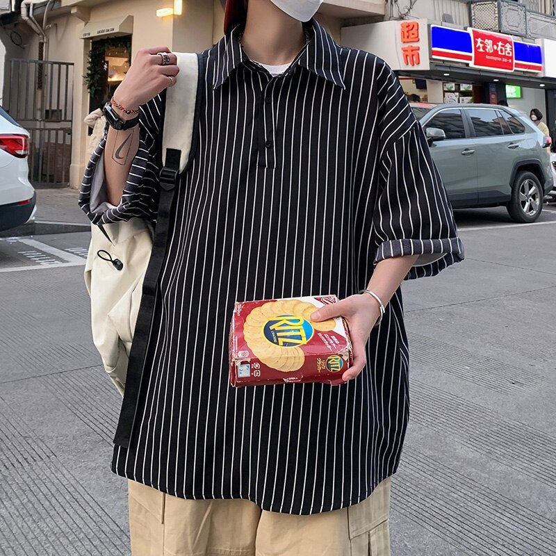 Korean Fashions Striped Shirts Summer Men Ice Vintage Button Up Shirts Japanese Streetwear Casual Short Sleeve Shirts
