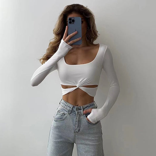 Twist Knot Long Sleeve Women Tops Casual Fashion Outfits Autumn Basic T-Shirts Tees Slim Streetwear Cropped Tops