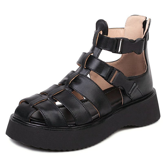 Women Shoes Sandals Round Toe Platform Flats Thick Cover Heel Buckle Strap Rome Style Solid Black White Leisure