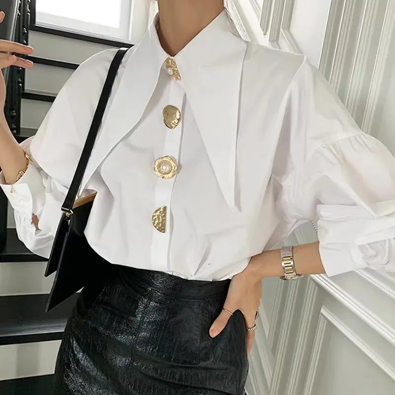 Elegant French Vintage Blouse for Women - White Spring Button Up Shirt with Pointed Collar and Long Puff Sleeves