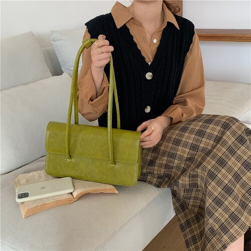 Retro Simple Women's Underarm Bag Vintage Green Ladies Square Shoulder