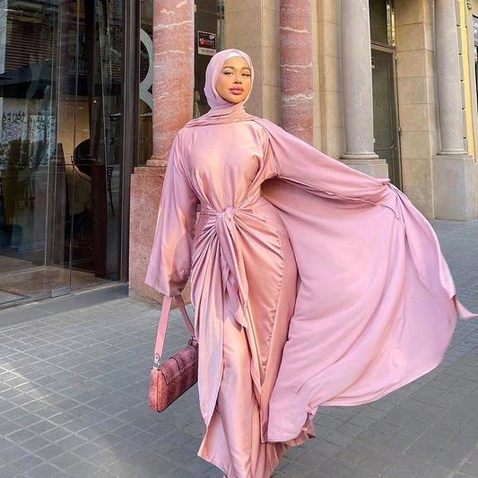 Ins Fashion Djellaba Muslim Sets 2 Piece Silky Muslim Suits Elegant Long Islamic Women Modest Wear Clothing Satin