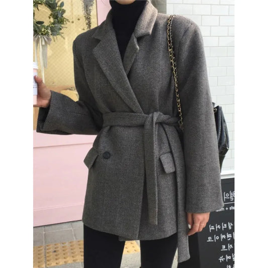 Autumn Winter Women Elegant Casual Blazer Woolen Coat Vintage Solid Fashion New Outerwear Overcoat with Belted Female Clothes