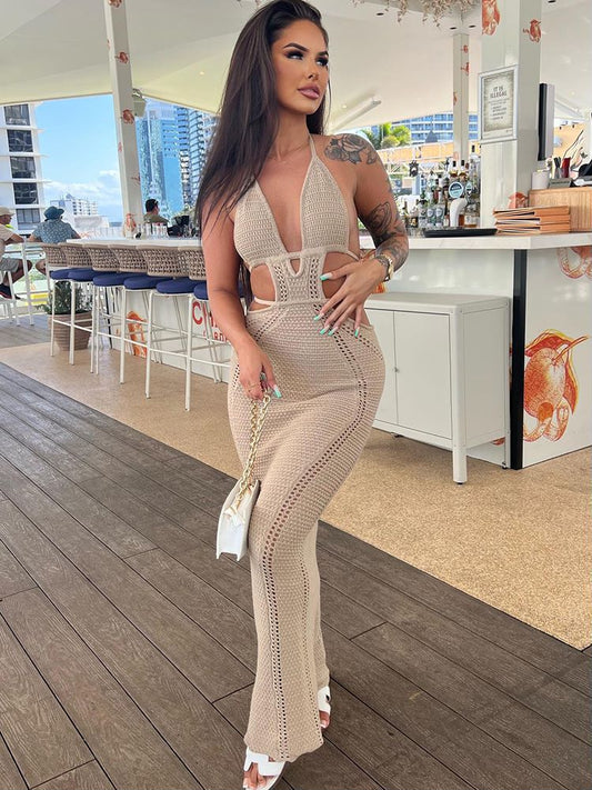 Summer Beachwear Hollow Out Maxi Dress Sexy Backless Halter Outfits for Women Party Bodycon Long Dresses Vestido