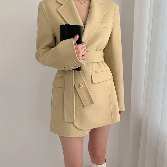 Solid Color Lace-up Waist A-line Woolen Blazer Coat For Women Clothing Autumn Winter New Trend Wool Tops