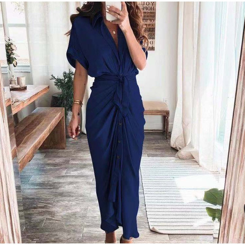 Elegant Women Dresses 2023 Summer Fashion Printed Short Sleeve Shirt Dress Vintage Waist Tie-up Button Bandage Long Dress Robe