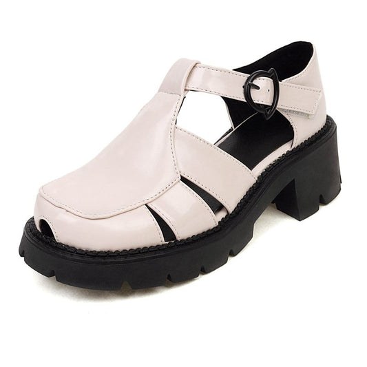 New Ladies Sandals Round Toe Thick Cover Heels Platform Buckle T-Strap Hollow Plus