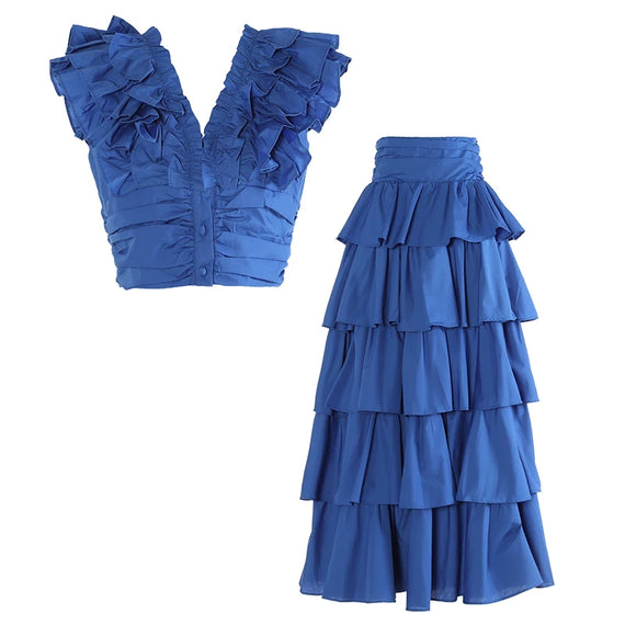 Ruffled Top Skirt Two Pieces Set For Women Short Sleeve High Waist Layering Elegant Sets Female Clothing