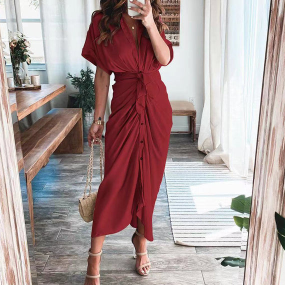 Elegant Women Dresses 2023 Summer Fashion Printed Short Sleeve Shirt Dress Vintage Waist Tie-up Button Bandage Long Dress Robe