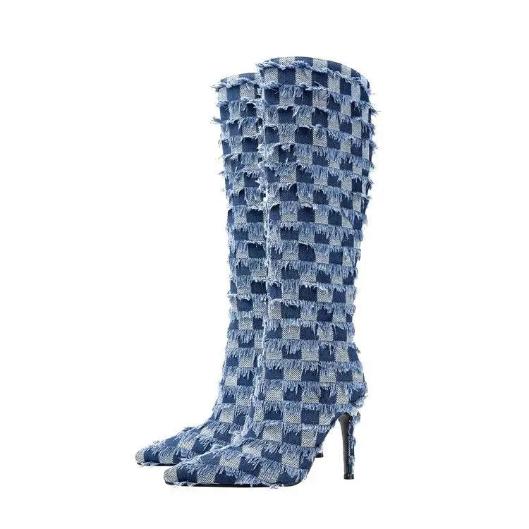 2024 New Blue Plaid Winter Boots for Women - Stylish and Comfortable High Heels with Western Denim Design