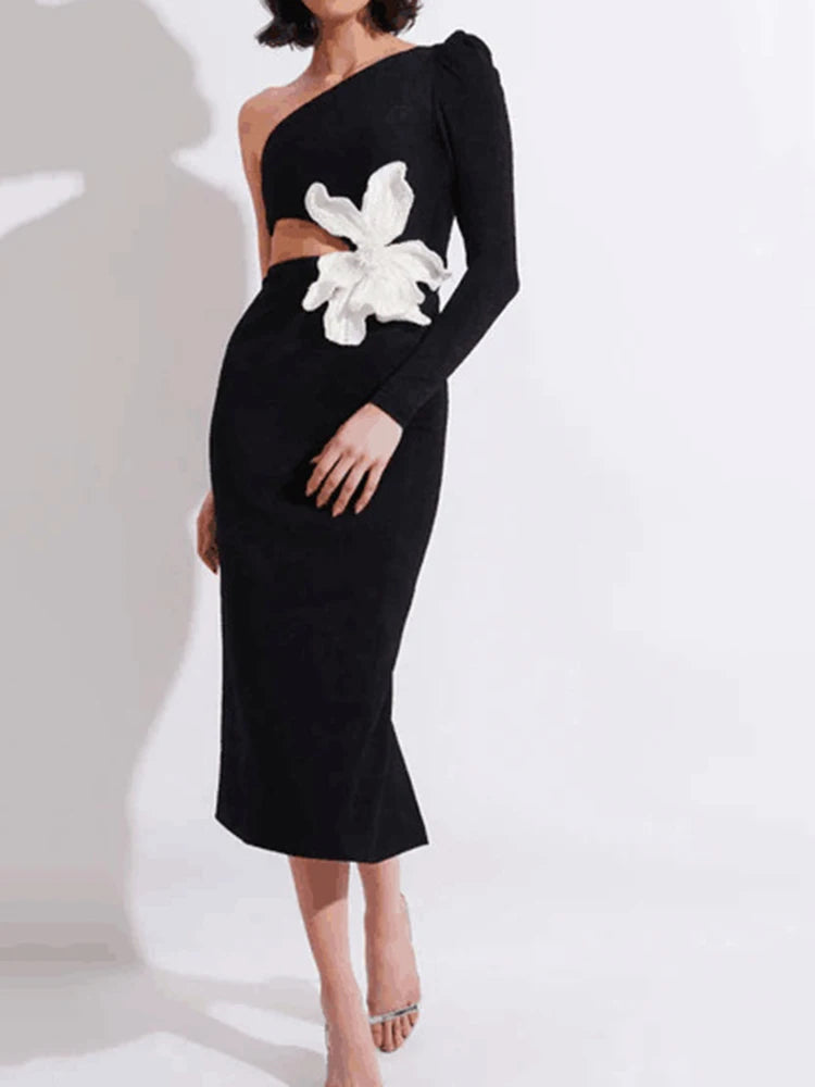 Asymmetric Design Flower Spliced Dresses For Women Single Shoulder Long Sleeves High Waist Elegant Dress Spring 2024