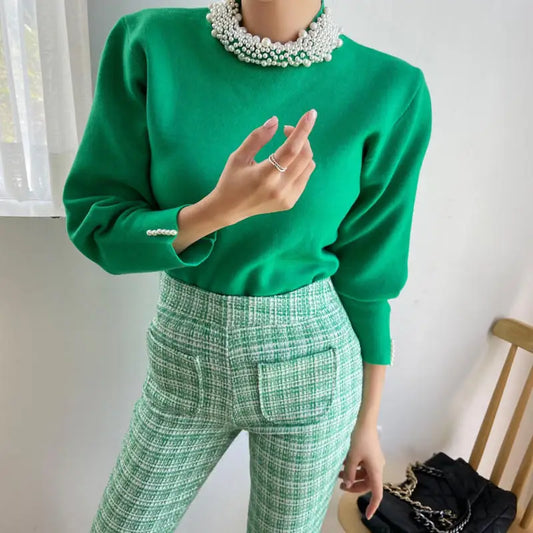 Stylish Korean Knit Sweater with Pearl Beading and Mock Neck for Women