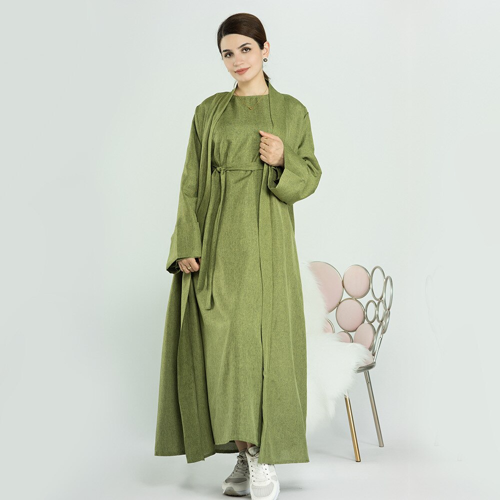 Elegant and Versatile: Two-Piece Djellaba Abaya Set with Belt for Muslim Women in Dubai