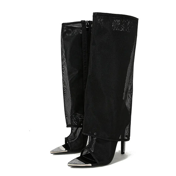Stylish and Chic: Black Mesh Knee High Boots with Metal Pointed Toe and Zipper Closure for Women