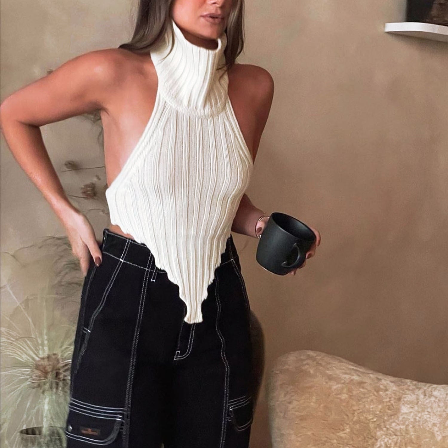 Fashion Knitted Turtleneck Crop Tops for Women Summer Sexy Sleeveless Backless Tanks Cropped Party Club Clothes