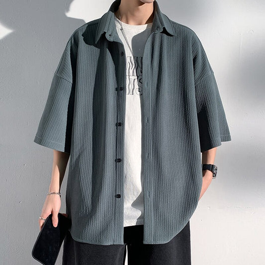 Summer Smooth Button Up Shirts 2023 Men Korean Fashion Vintage Shirts Japanese Streetwear Casual Short Sleeve Shirts