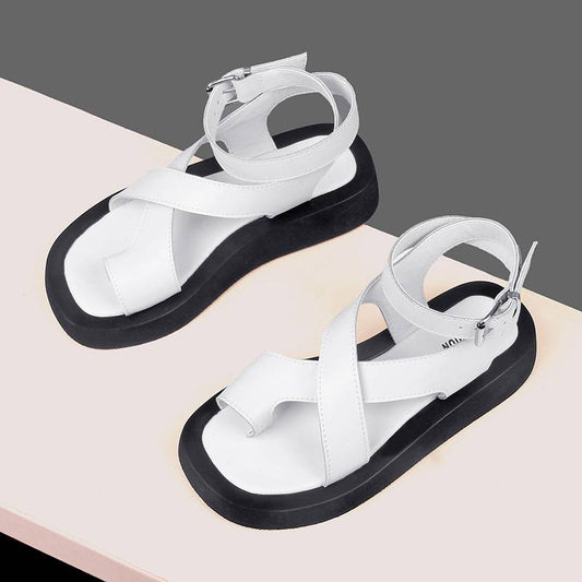 Sandals Women Genuine Leather Buckle Strap Flats 2023 Summer New Clip Toe Female Shoe Soft Roman Muffin